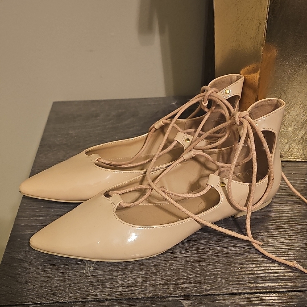 Nude Pointed Toe Lace-Up Flats